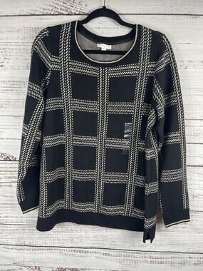 Charter Club Sweater Women's 1X Black White Plaid Metallic Knit Pullover Top